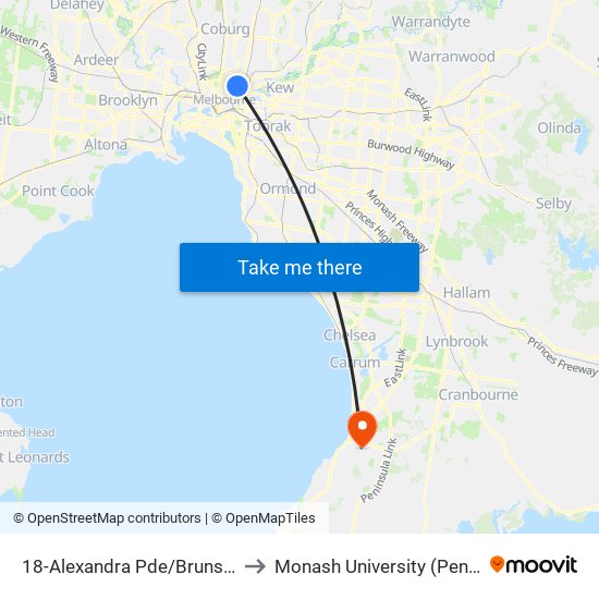 18-Alexandra Pde/Brunswick St (Fitzroy) to Monash University (Peninsula Campus) map