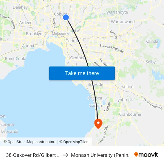 Oakover Rd/Gilbert Rd #38 to Monash University (Peninsula Campus) map