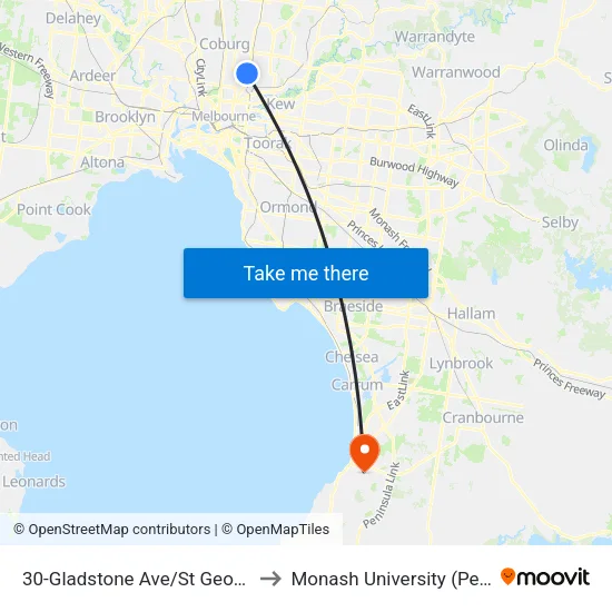 Gladstone Ave/St Georges Rd #30 to Monash University (Peninsula Campus) map