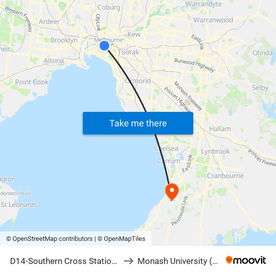 D14-Southern Cross Station/Collins St (Docklands) to Monash University (Peninsula Campus) map