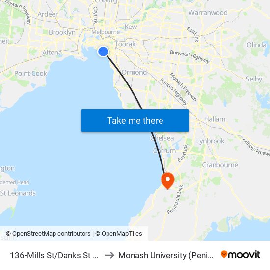 136-Mills St/Danks St (Middle Park) to Monash University (Peninsula Campus) map