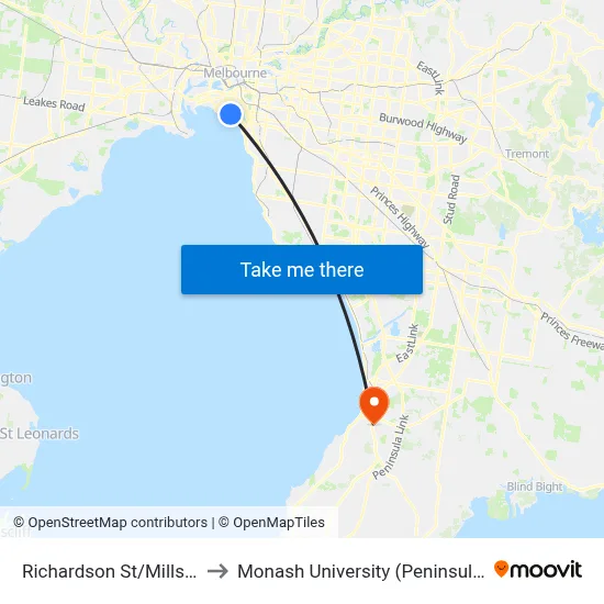 Richardson St/Mills St #135 to Monash University (Peninsula Campus) map