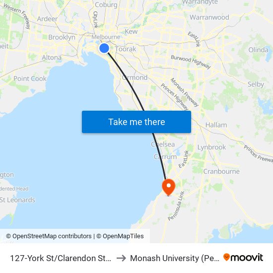 127-York St/Clarendon St (South Melbourne) to Monash University (Peninsula Campus) map