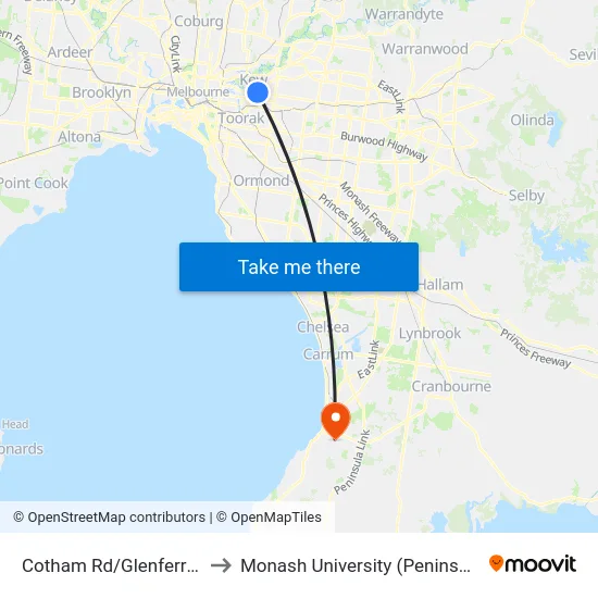 Cotham Rd/Glenferrie Rd #80 to Monash University (Peninsula Campus) map