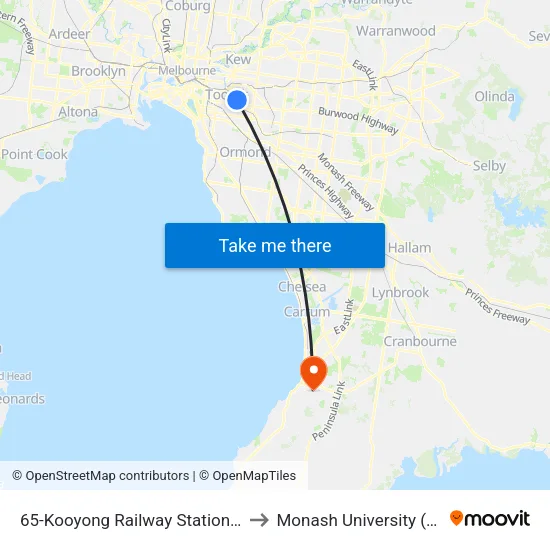 Kooyong Railway Station/Glenferrie Rd #65 to Monash University (Peninsula Campus) map