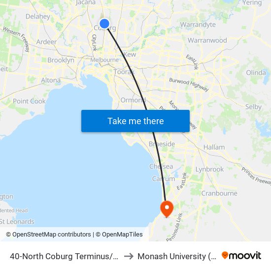 40-North Coburg Terminus/Sydney Rd (Coburg North) to Monash University (Peninsula Campus) map