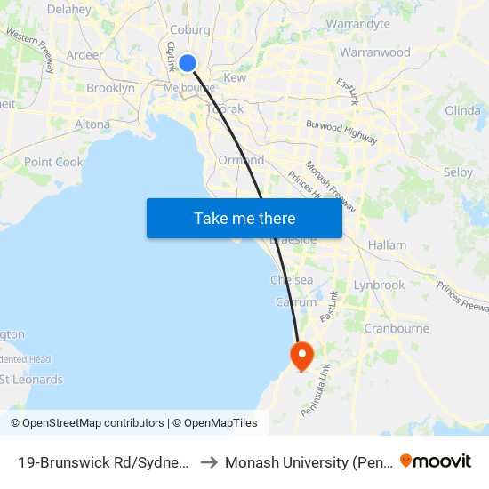 19-Brunswick Rd/Sydney Rd (Brunswick) to Monash University (Peninsula Campus) map