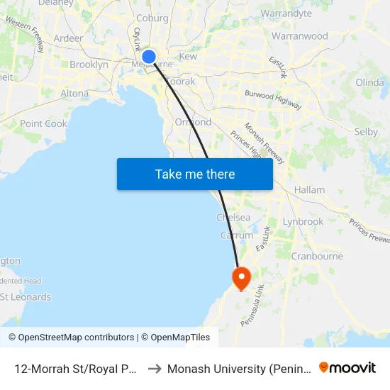 Morrah St/Royal Pde #12 to Monash University (Peninsula Campus) map