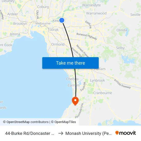 Burke Rd/Doncaster Rd #44 to Monash University (Peninsula Campus) map