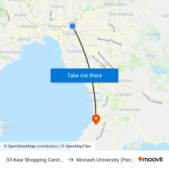 Kew Shopping Centre/High St #33 to Monash University (Peninsula Campus) map