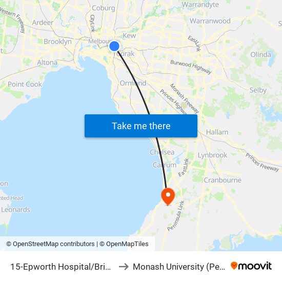 15-Epworth Hospital/Bridge Rd (Richmond) to Monash University (Peninsula Campus) map