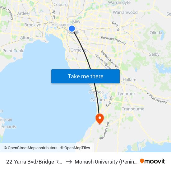 22-Yarra Bvd/Bridge Rd (Richmond) to Monash University (Peninsula Campus) map