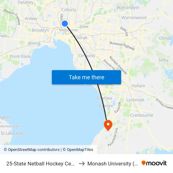 State Netball Hockey Centre/Royal Park #25 to Monash University (Peninsula Campus) map
