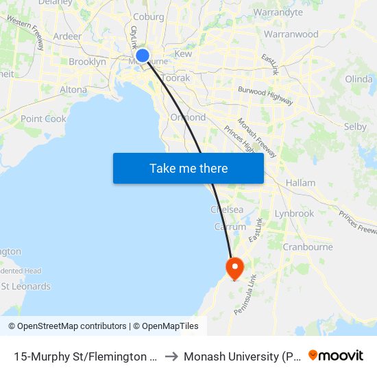 15-Murphy St/Flemington Rd (North Melbourne) to Monash University (Peninsula Campus) map