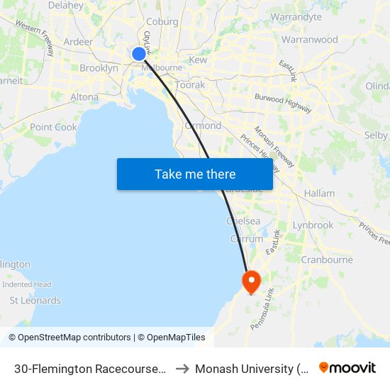 30-Flemington Racecourse/Epsom Rd (Flemington) to Monash University (Peninsula Campus) map