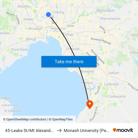 45-Leake St/Mt Alexander Rd (Essendon) to Monash University (Peninsula Campus) map