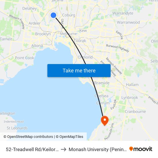 52-Treadwell Rd/Keilor Rd (Niddrie) to Monash University (Peninsula Campus) map