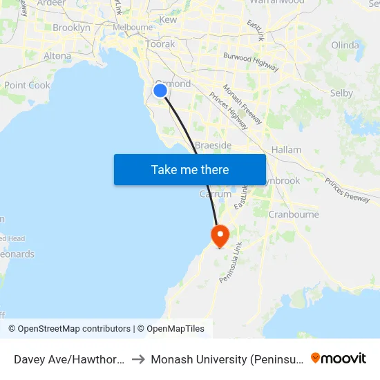 Davey Ave/Hawthorn Rd #65 to Monash University (Peninsula Campus) map