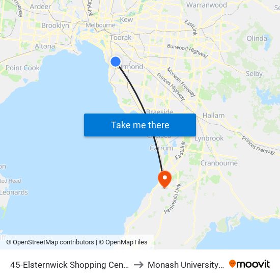 45-Elsternwick Shopping Centre/Glenhuntly Rd (Elsternwick) to Monash University (Peninsula Campus) map
