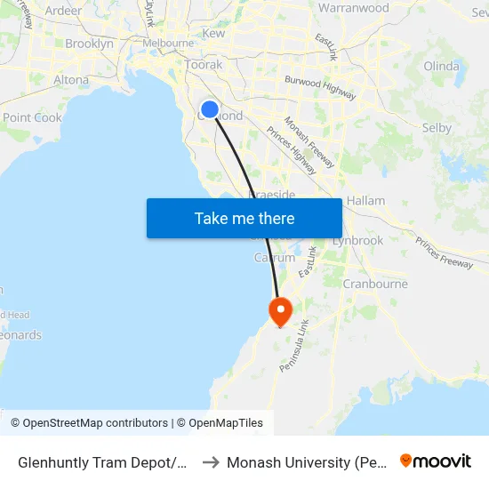 Glenhuntly Tram Depot/Glenhuntly Rd #53 to Monash University (Peninsula Campus) map
