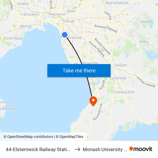 44-Elsternwick Railway Station/Glenhuntly Rd (Elsternwick) to Monash University (Peninsula Campus) map