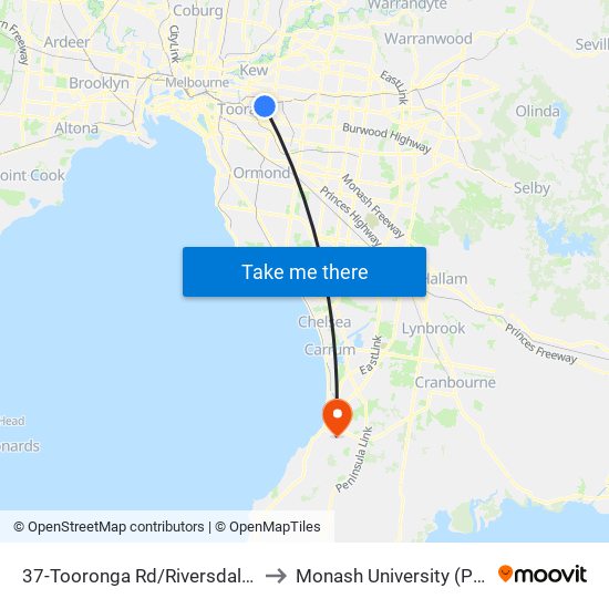 37-Tooronga Rd/Riversdale Rd (Hawthorn East) to Monash University (Peninsula Campus) map