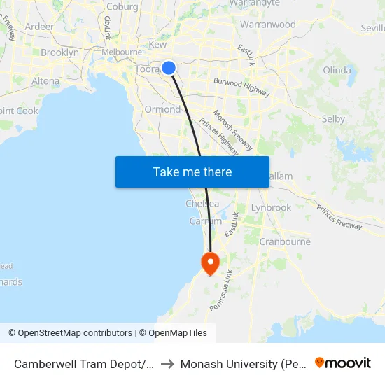 Camberwell Tram Depot/Riversdale Rd #39 to Monash University (Peninsula Campus) map