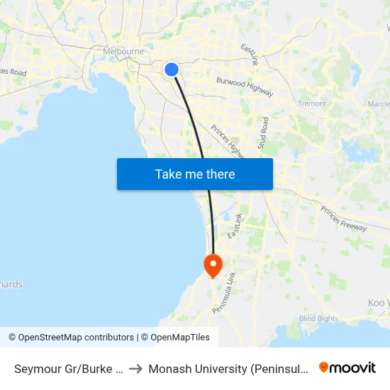 Seymour Gr/Burke Rd #59 to Monash University (Peninsula Campus) map