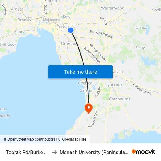 Toorak Rd/Burke Rd #54 to Monash University (Peninsula Campus) map