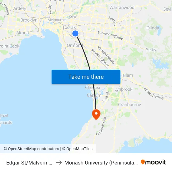 Edgar St/Malvern Rd #48 to Monash University (Peninsula Campus) map