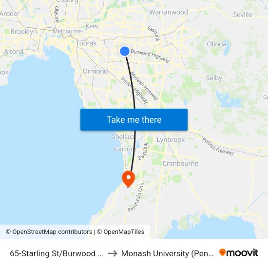 Starling St/Burwood Hwy #65 to Monash University (Peninsula Campus) map