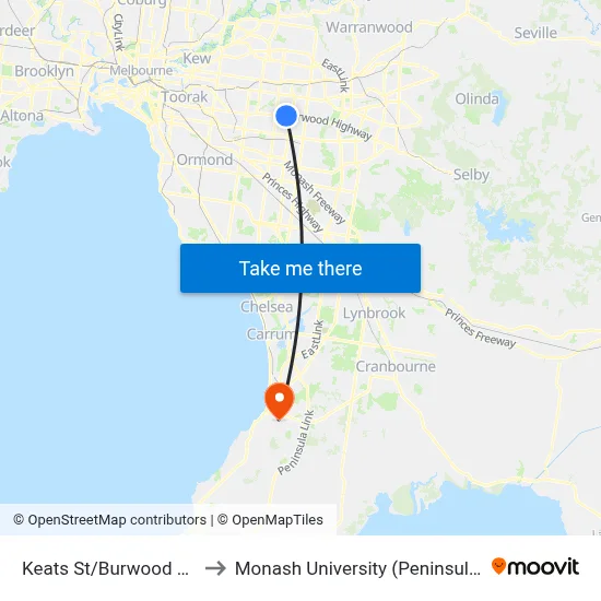 Keats St/Burwood Hwy #69 to Monash University (Peninsula Campus) map
