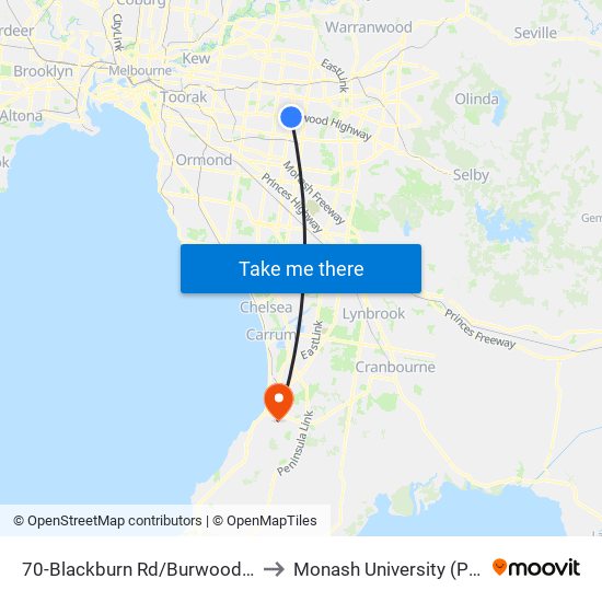 70-Blackburn Rd/Burwood Hwy (Burwood East) to Monash University (Peninsula Campus) map