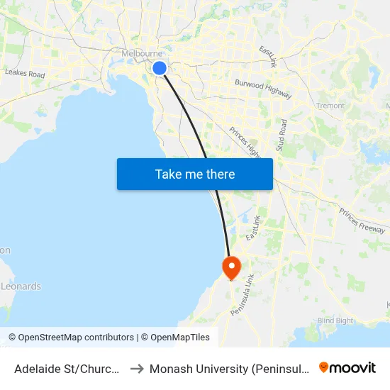 Adelaide St/Church St #55 to Monash University (Peninsula Campus) map