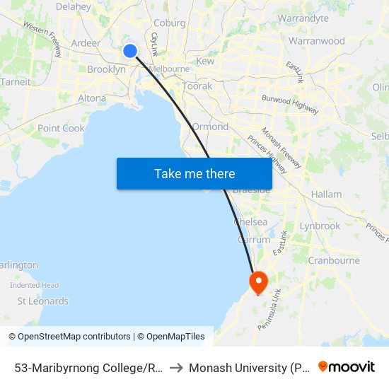 53-Maribyrnong College/River St (Maribyrnong) to Monash University (Peninsula Campus) map