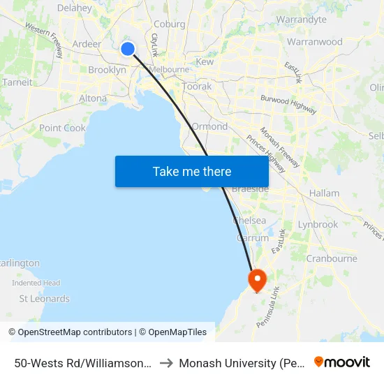 Wests Rd/Williamson Rd #50 to Monash University (Peninsula Campus) map