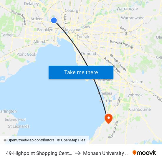 49-Highpoint Shopping Centre/Wests Rd (Maribyrnong) to Monash University (Peninsula Campus) map