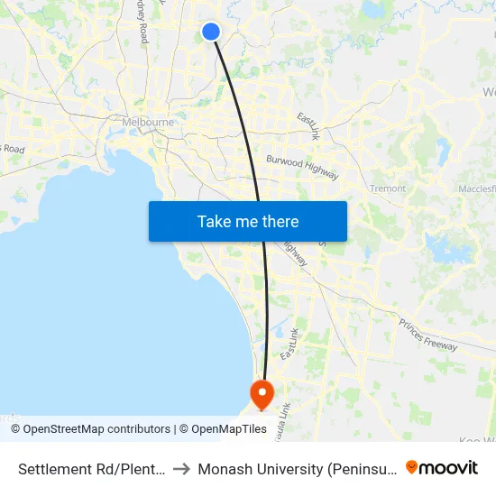 Settlement Rd/Plenty Rd #66 to Monash University (Peninsula Campus) map