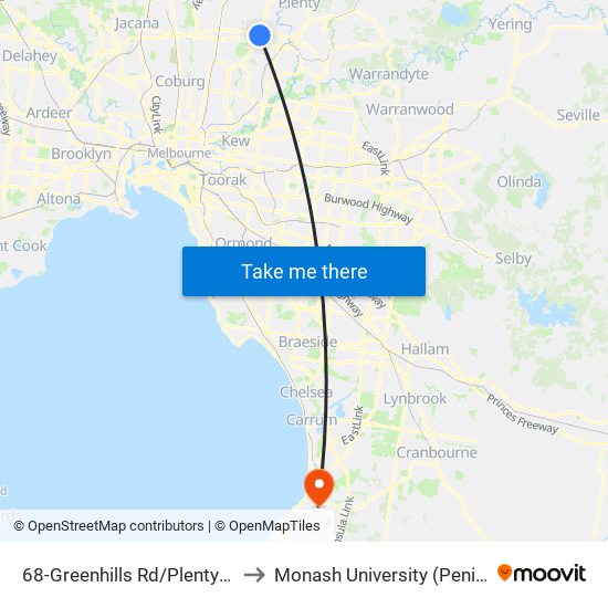 68-Greenhills Rd/Plenty Rd (Bundoora) to Monash University (Peninsula Campus) map