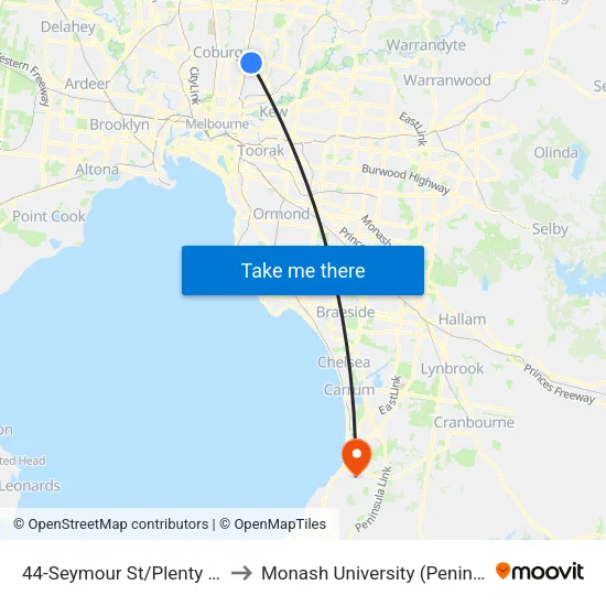 Seymour St/Plenty Rd #44 to Monash University (Peninsula Campus) map