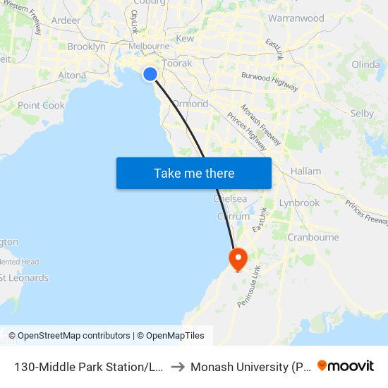 130-Middle Park Station/Light Rail (Middle Park) to Monash University (Peninsula Campus) map