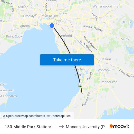 130-Middle Park Station/Light Rail (Middle Park) to Monash University (Peninsula Campus) map