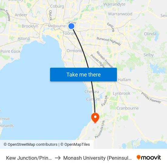 Kew Junction/Princess St to Monash University (Peninsula Campus) map