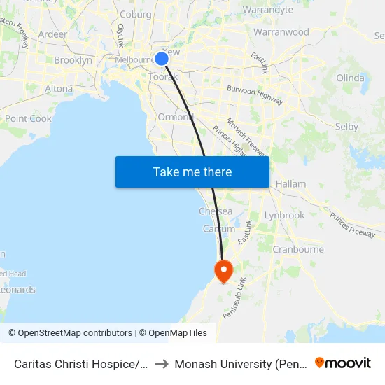 Caritas Christi Hospice/Studley Park Rd to Monash University (Peninsula Campus) map