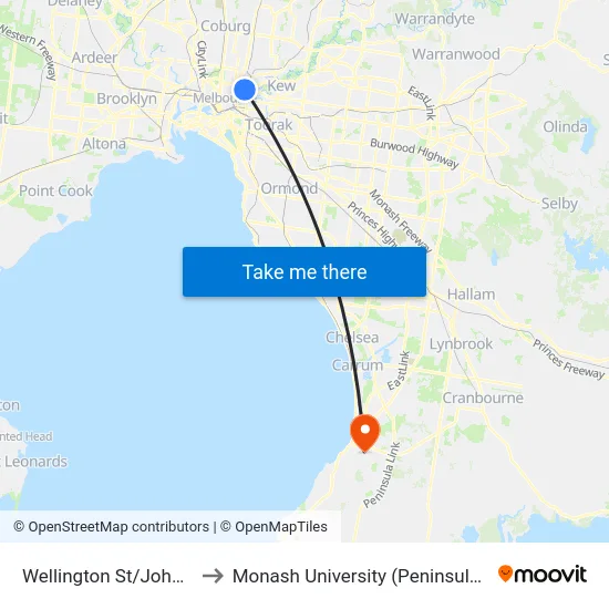 Wellington St/Johnston St to Monash University (Peninsula Campus) map