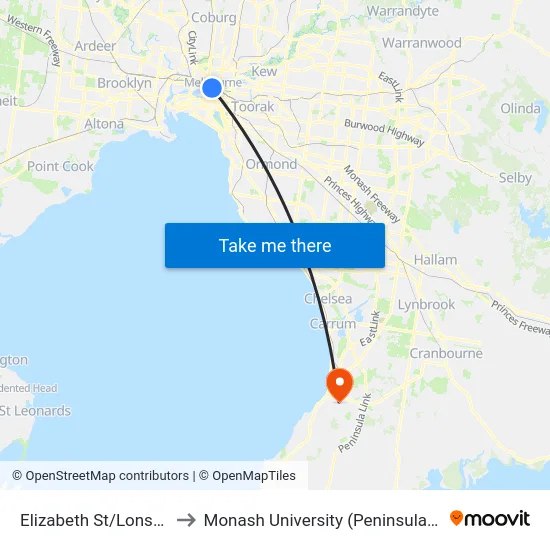 Elizabeth St/Lonsdale St to Monash University (Peninsula Campus) map