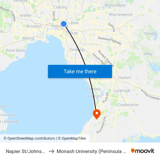 Napier St/Johnston St to Monash University (Peninsula Campus) map