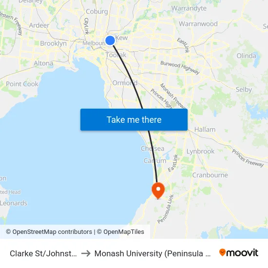Clarke St/Johnston St to Monash University (Peninsula Campus) map