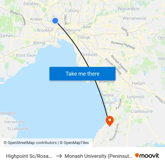 Highpoint Sc/Rosamond Rd to Monash University (Peninsula Campus) map