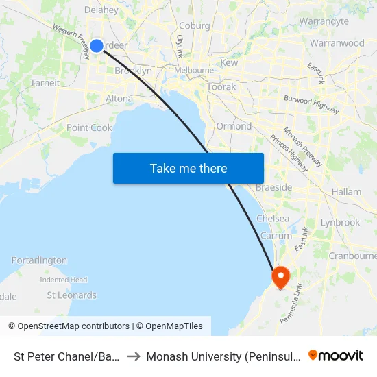 St Peter Chanel/Ballarat Rd to Monash University (Peninsula Campus) map